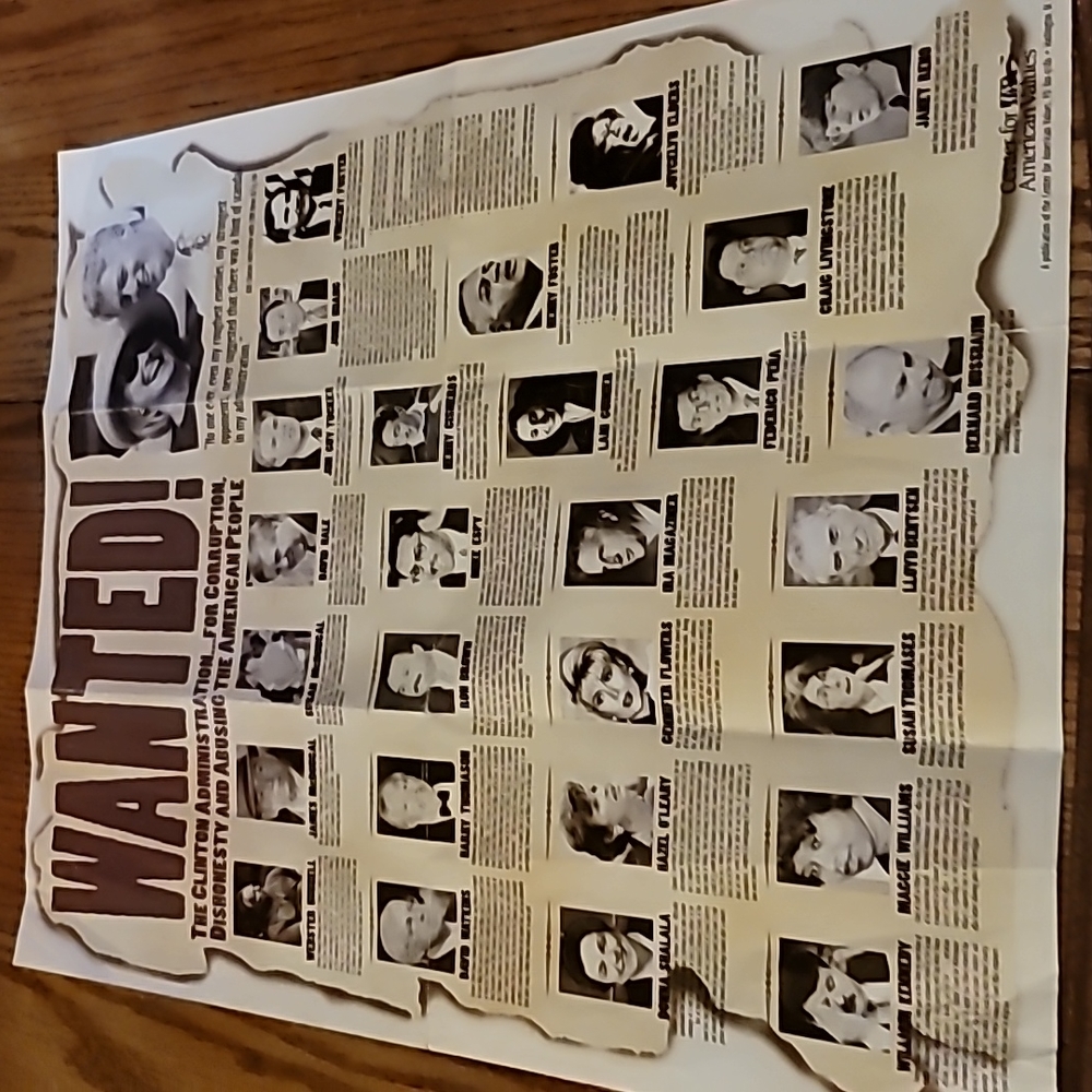 Center for American Values poster. Wanted! Clinton Administration for